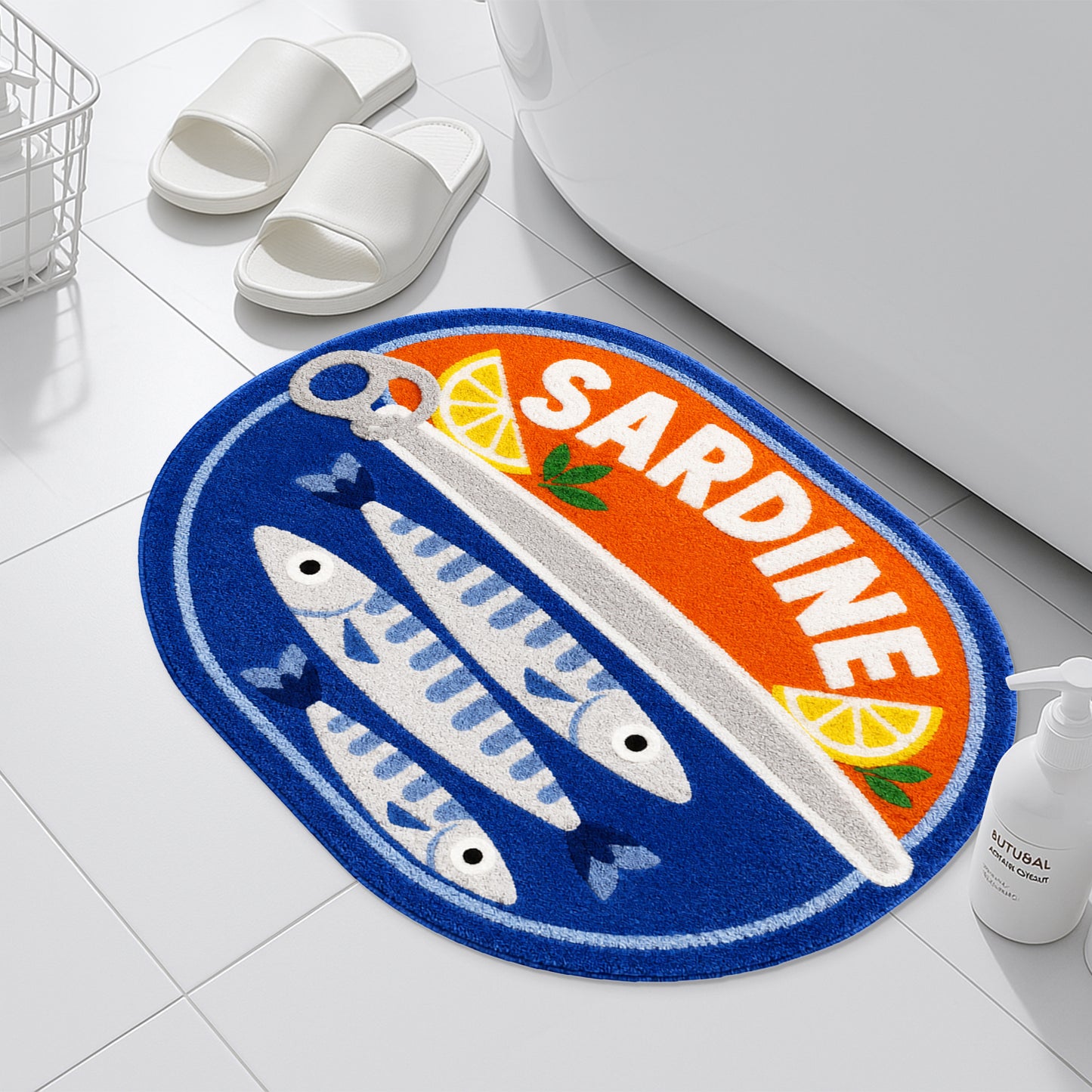Feblilac Sardine Tin Tufted Bath Mat, Funny Fish Rug