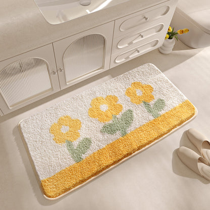 Feblilac Yellow Flowers Tufted Bath Mat U-shape Toilet Floor Mat