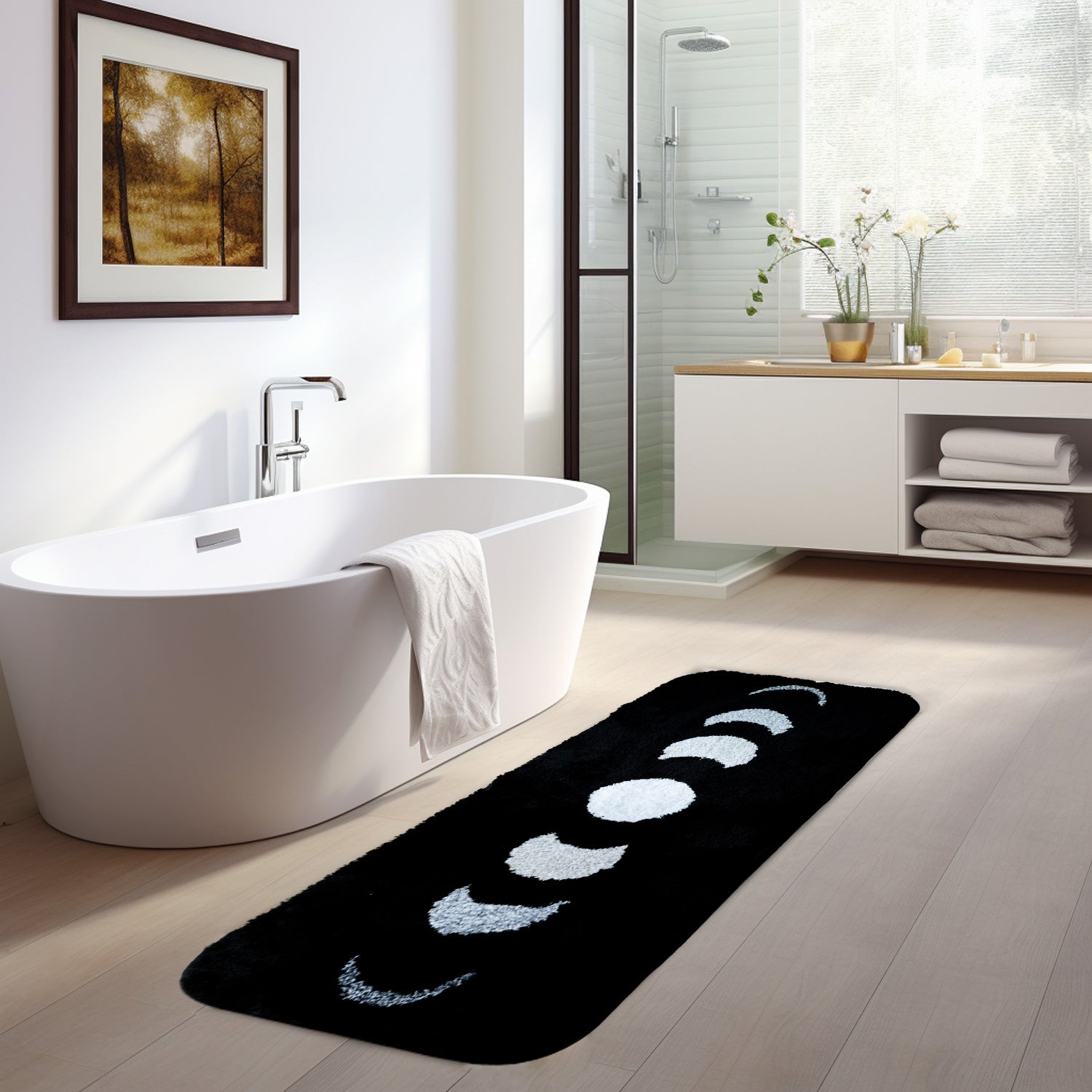 Feblilac Black Bedroom Rug Long Runner, Moon Pattern Rug for Bedside Bathroom, Water Absorbent Non-Slip Area Rug Mat for Home Decor