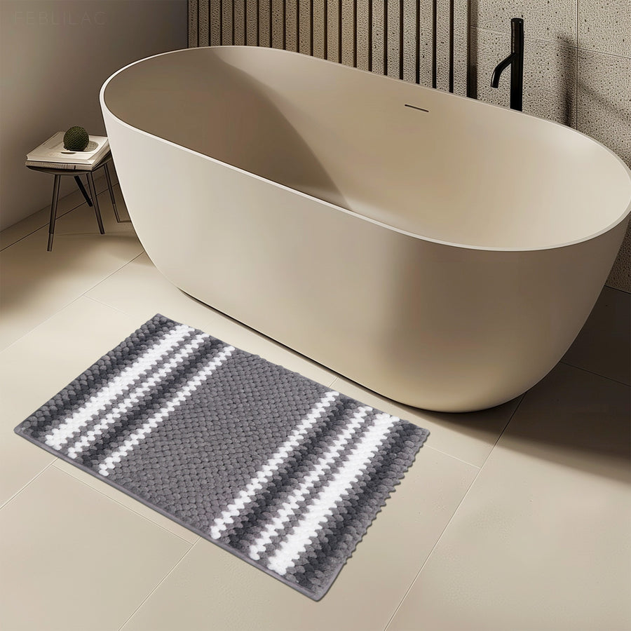 Feblilac Gray and White Chenille Non-Slip Microfiber Shag Bathroom Rug Mat - view 3