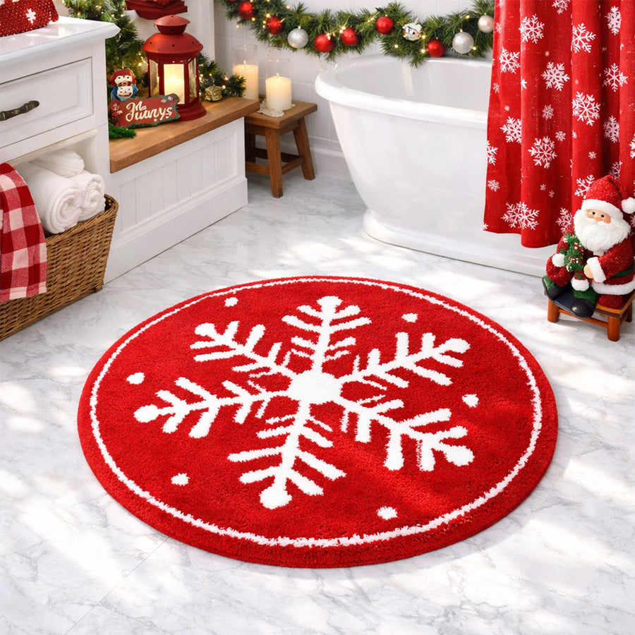 Feblilac Red background White Snowflakes Christmas style Tufted Bath Mat - view 3