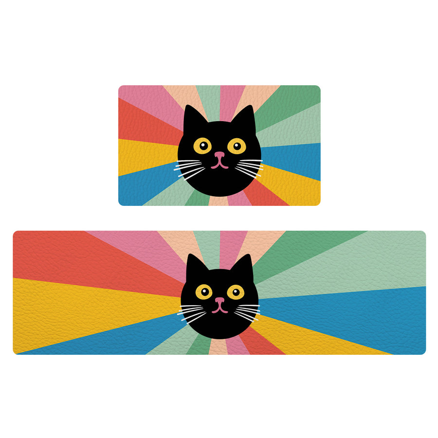 Feblilac Black Cat Colorful Stripes Background PVC Leather Kitchen Mat - view 2