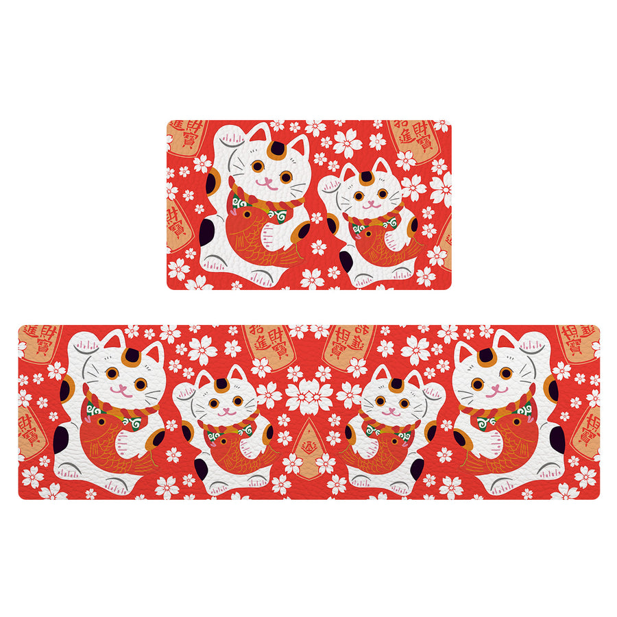 Feblilac Red Background White Sakura Lucky Cat PVC Leather Kitchen Mat - view 2