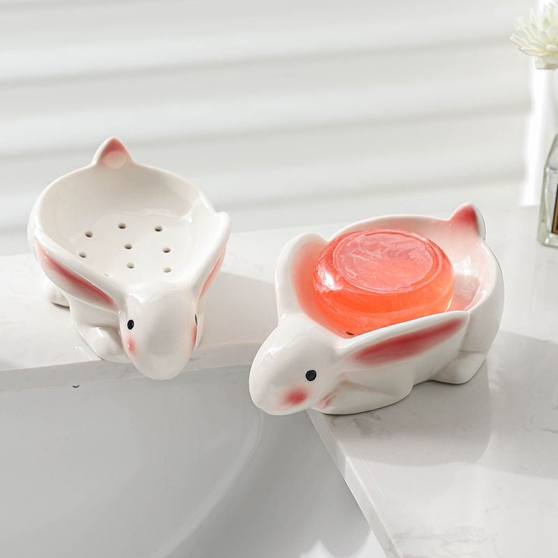 Feblilac Ceramic Soap Box Cartoon Cute Shy Rabbit Bathroom