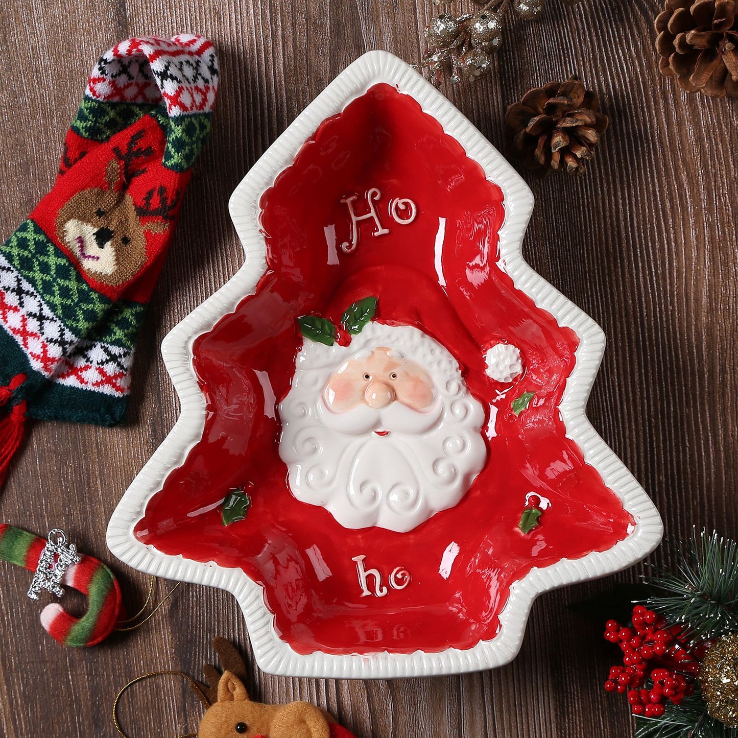 Santa Claus Pine Tree Ceramic Tray, Cute Holiday Plate for Kitchen Dessert Tableware, Christmas Decor