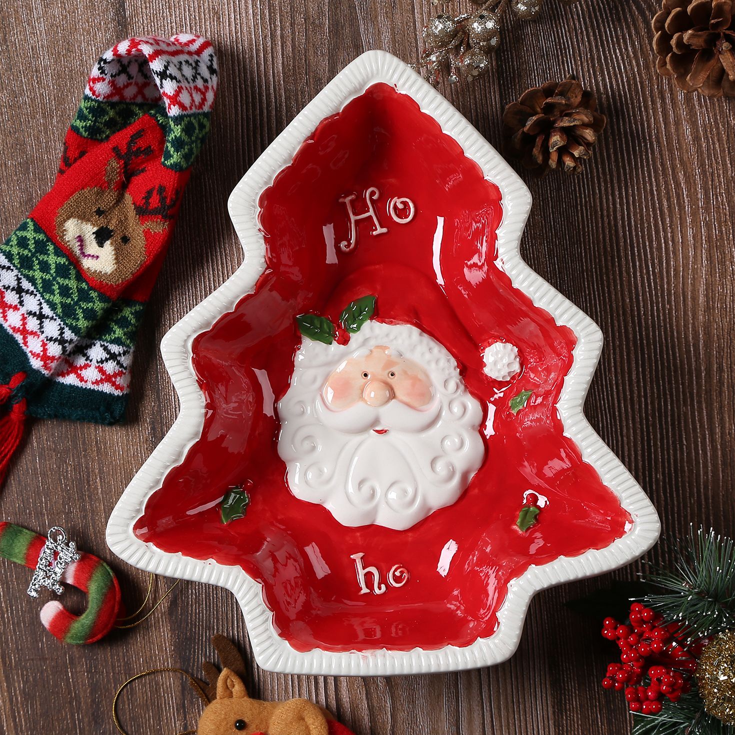 Santa Claus Pine Tree Ceramic Tray, Cute Holiday Plate for Kitchen Dessert Tableware, Christmas Decor - view 14