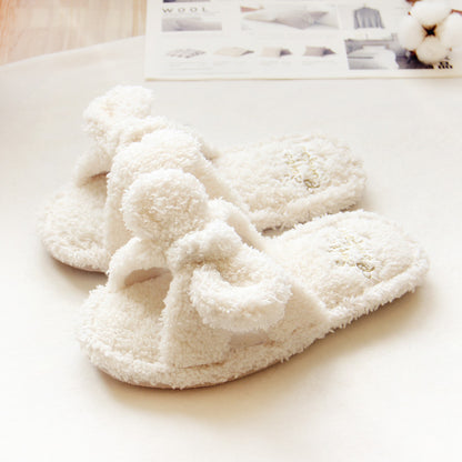 White Feblilac Fluffy Slippers, Bowknot Cute Mules