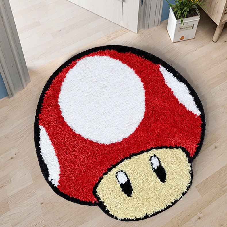 Cute Round Mushroom Bathroom Rug, Red White Mario Character Bath Mat