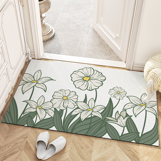 Feblilac White Flower and Green Leaves Leather Door Mat