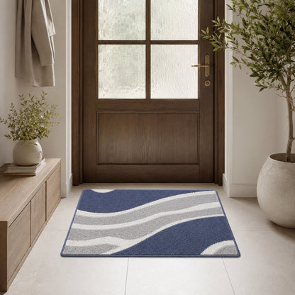 Feblilac White Grey and Blue Minimal Pattern tufted bath mat on a wood floor next to a soaking tub