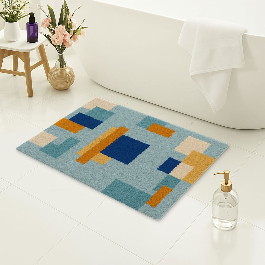 Feblilac Blue and Brown Squares Geometric Tufted Bath Mat - view 4