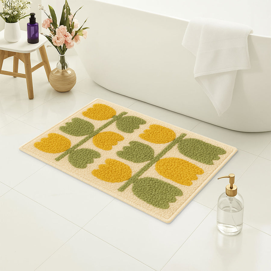 Feblilac Retro Tulip Bath Mat – Yellow & Green Floral Design - view 4