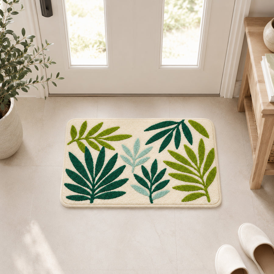 Feblilac Green Leaves Tufted Bath Mat, Soft Botanical Bathroom Rug - view 3