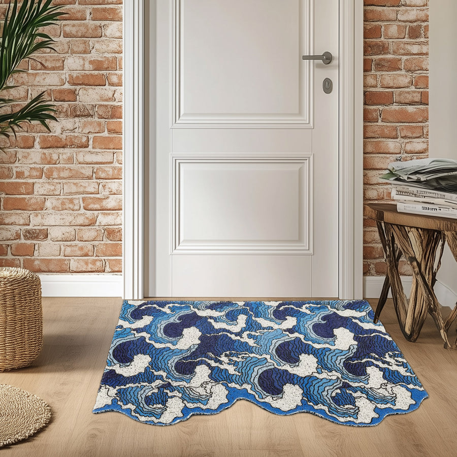 Feblilac Japanese Blue Wave Entrance Door Mat, Ukiyoe Art Doorway PVC Rug - view 3