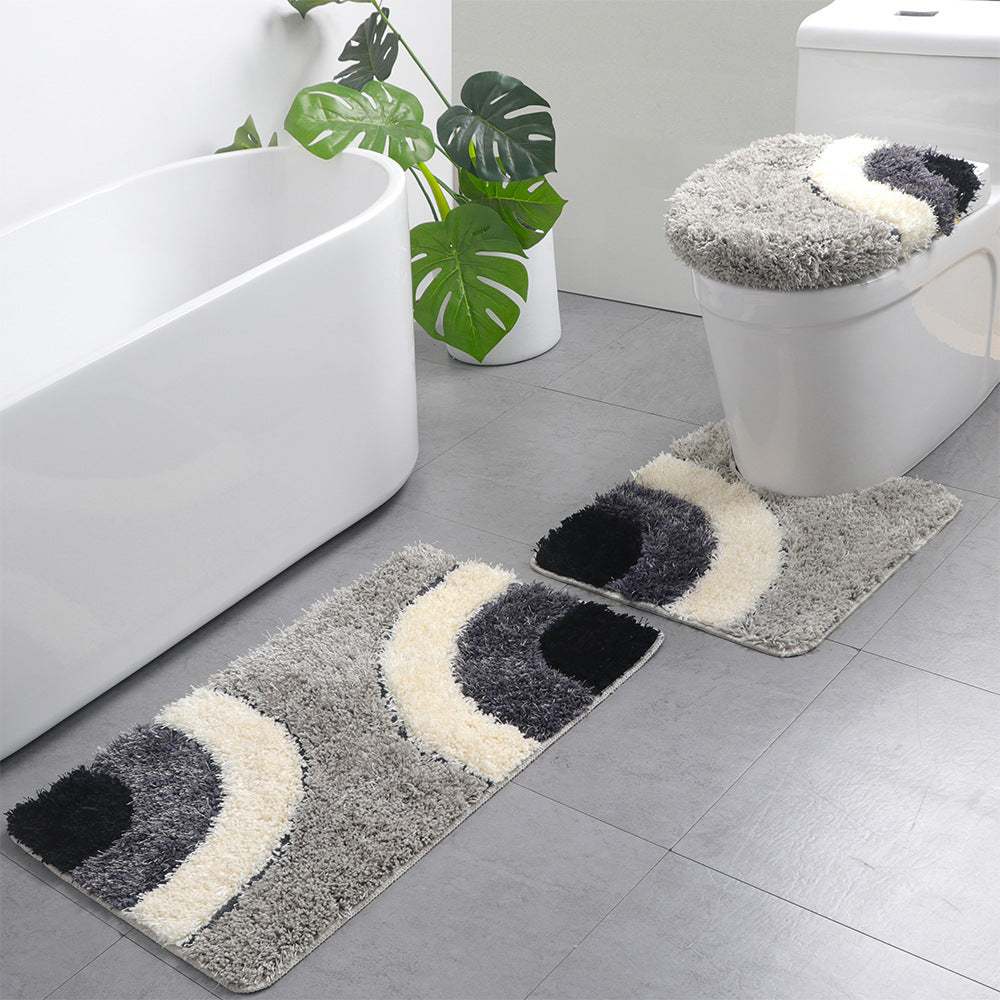 Feblilac Checkerboard / Semi-Circular Pattern Tufted Bath Mat U-Shaped Toilet Floor Mat Toilet Lid Cover