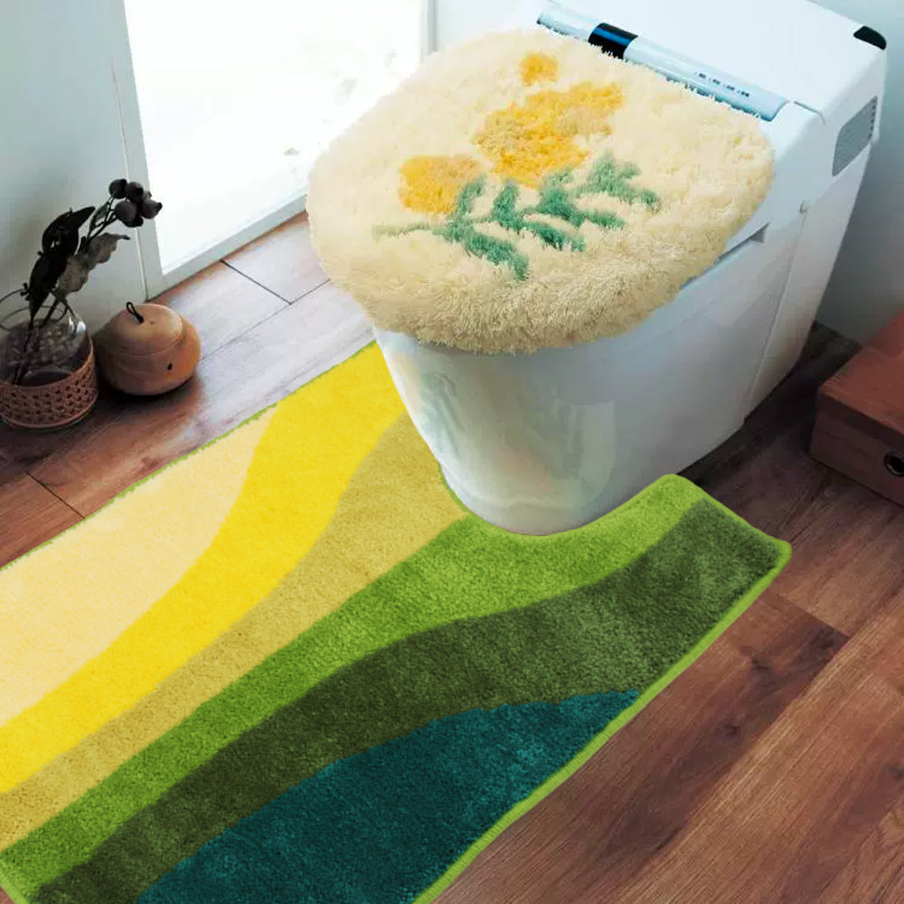 Feblilac Yellow Green Wave Tufted Bathroom Mat Toilet U-Shaped Floor Mat