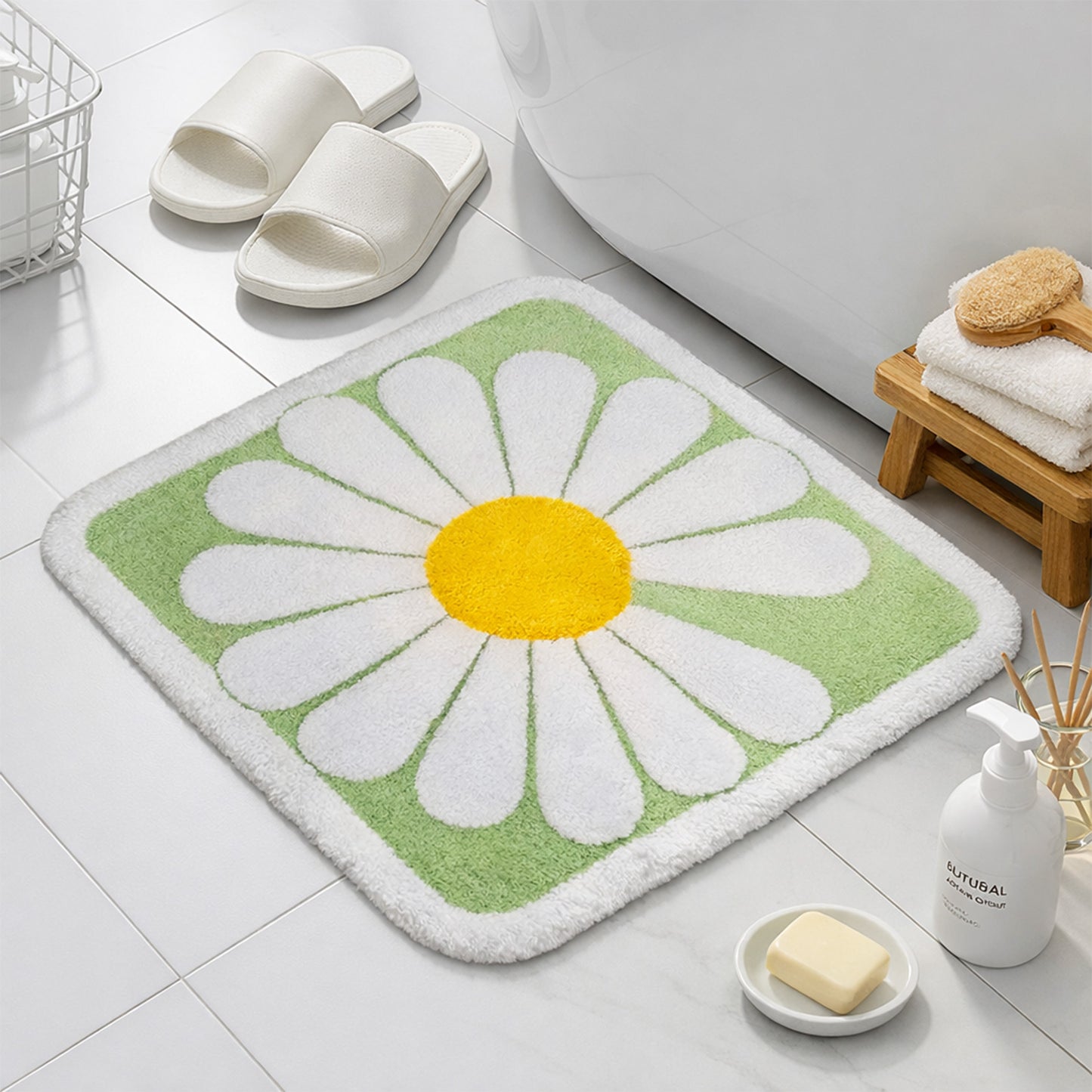 Feblilac Square Daisy Flower Tufted Bath Mat, Green