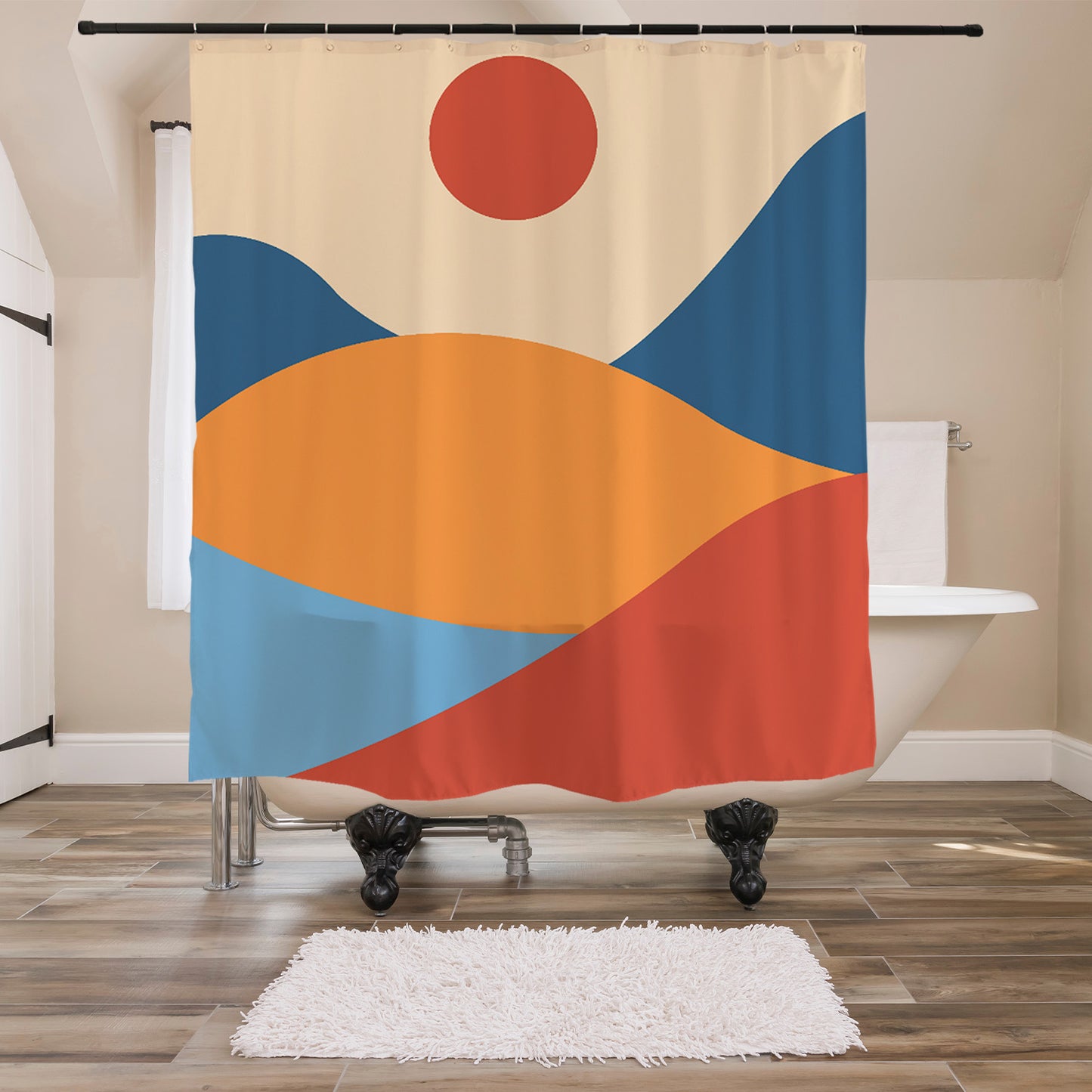 Feblilac Red Blue Sunset Mountains Shower Curtain with Hooks