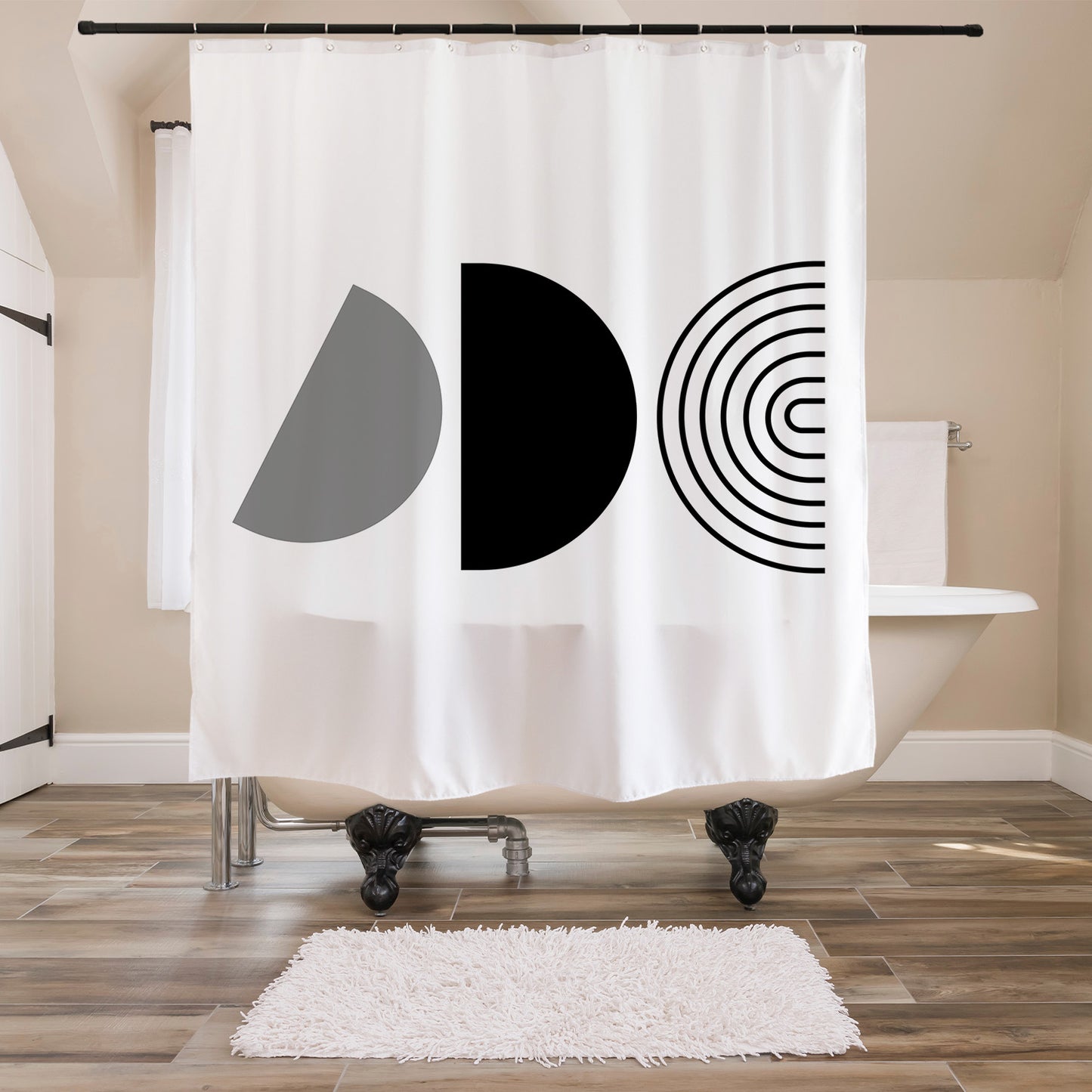 Feblilac Black and White Line Semicircle Shower Curtain with Hooks