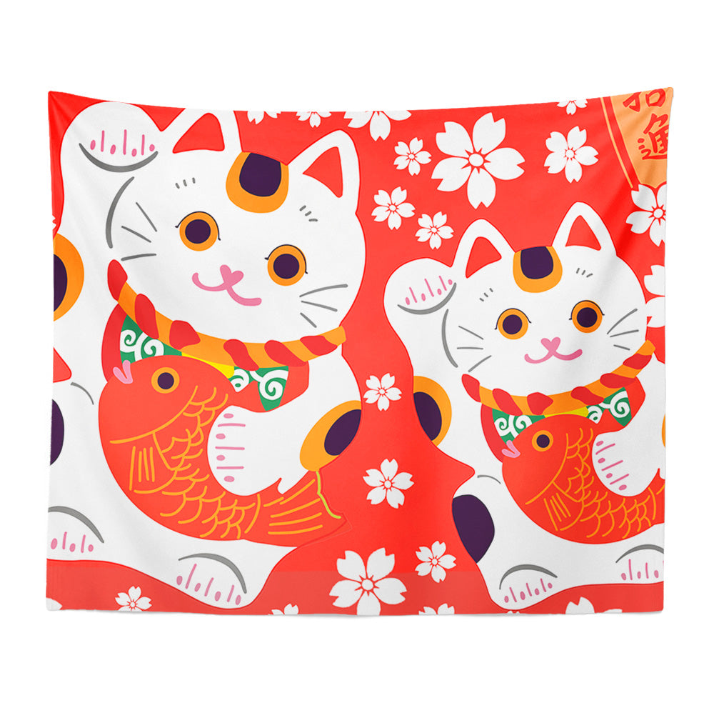 Feblilac Red Background White Sakura Lucky Cat Tapestry