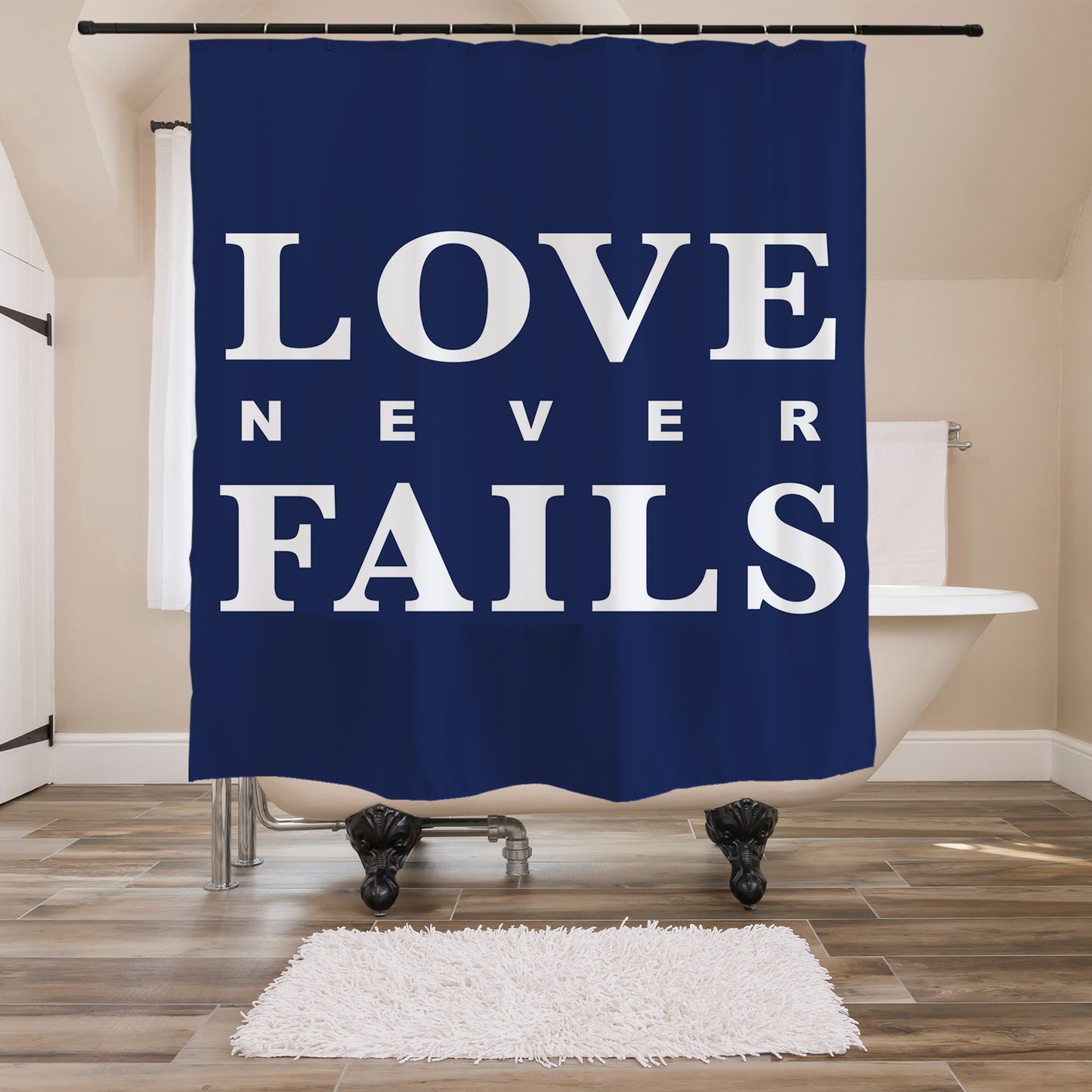 Feblilac Blue Background Love Never Falls Shower Curtain with Hooks