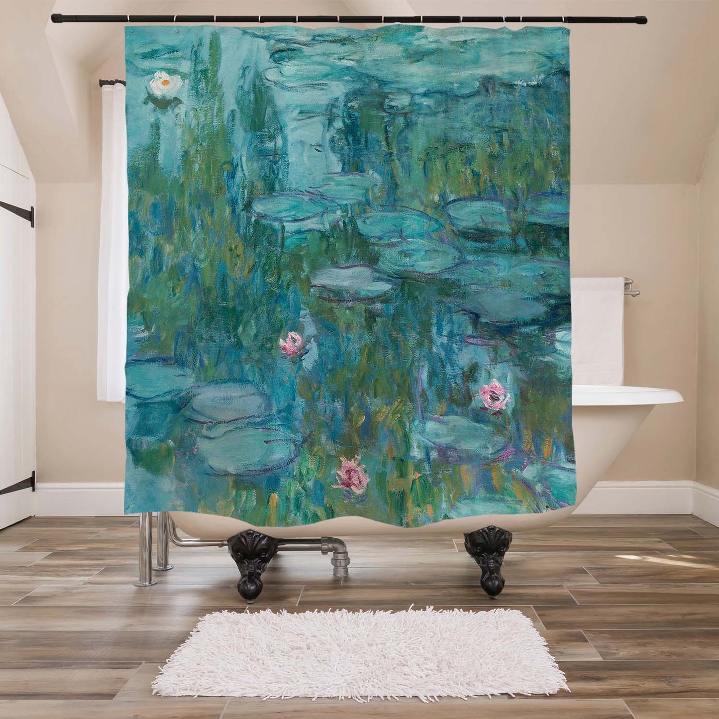 Feblilac Oil Painting Water Lily Shower Curtain with Hooks