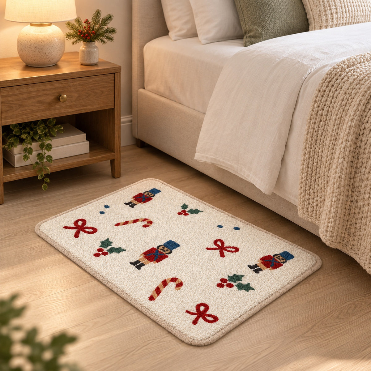 Feblilac Christmas Candy Cane tufted bath mat on a wood floor next to a soaking tub