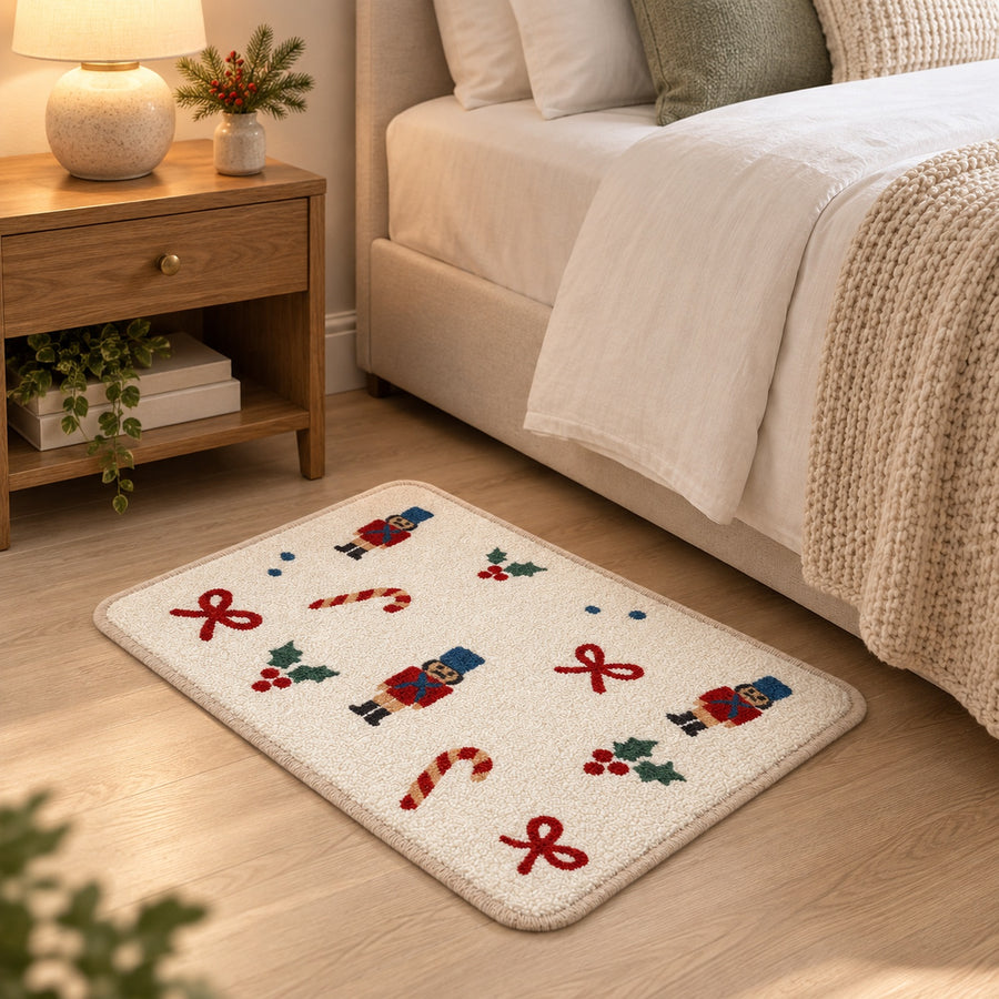 Feblilac Christmas Candy Cane tufted bath mat on a wood floor next to a soaking tub