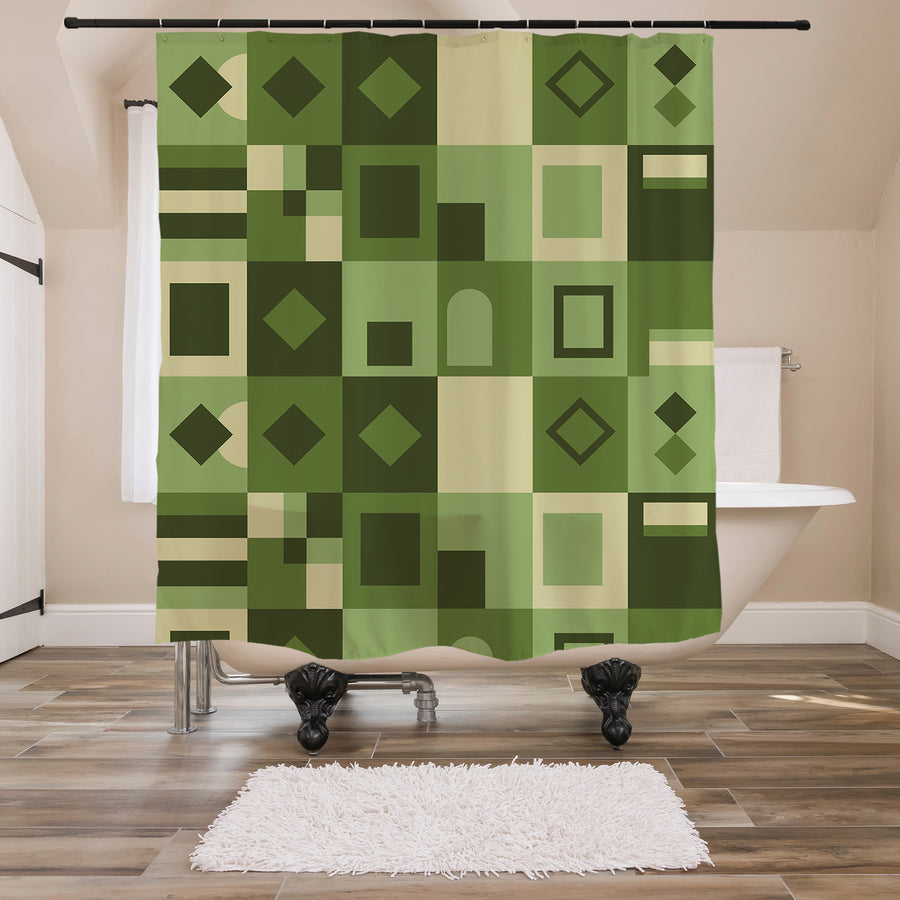 Feblilac Green Geometric Grid Shower Curtain with Hooks - view 3
