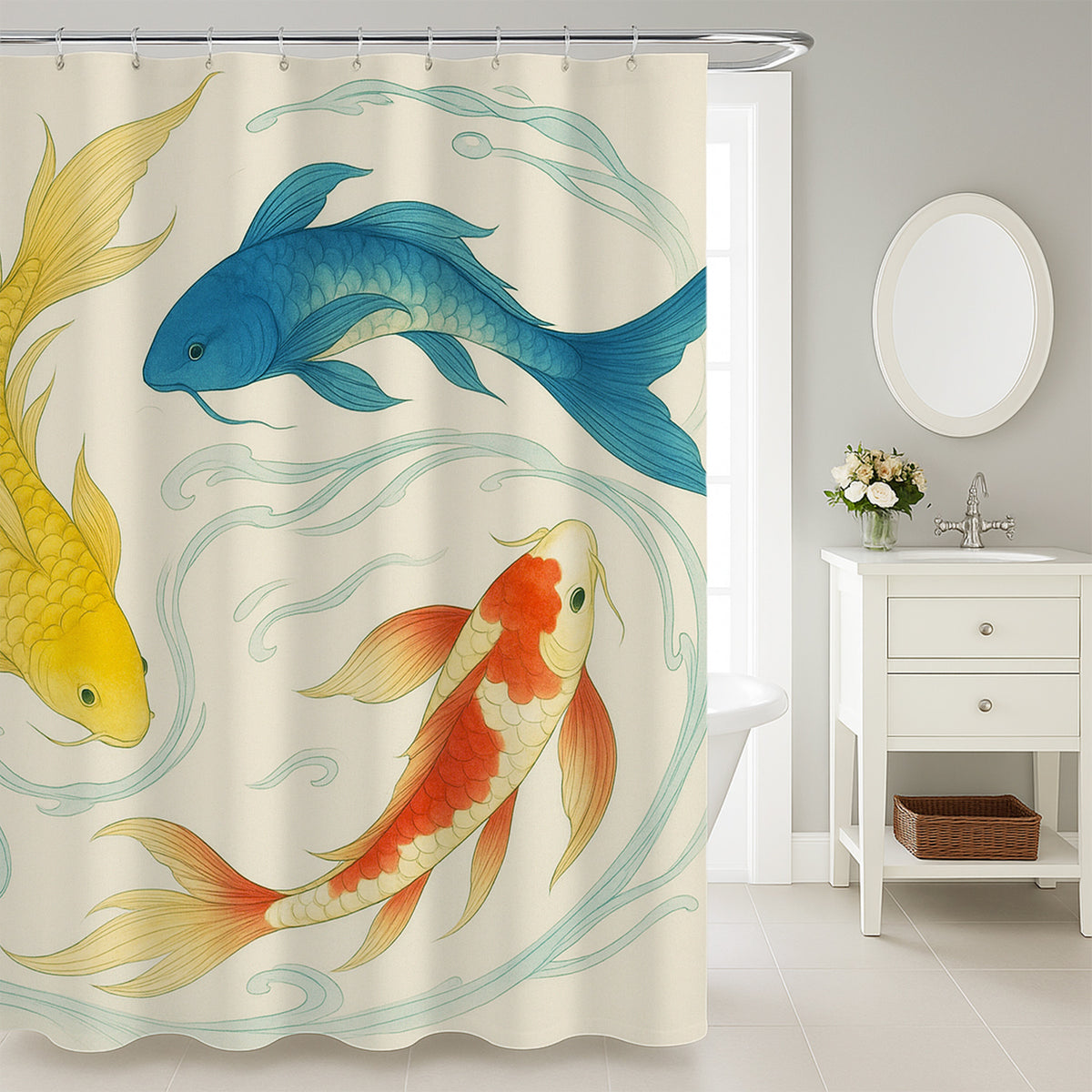 Feblilac Gongbi Goldfish shower curtain on a wood floor next to a soaking tub