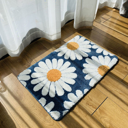 Feblilac Nave Blue Daisy Bath Mat Set, Flower Floral Bathroom Rug Set, Toilet Cover Mat - view 3