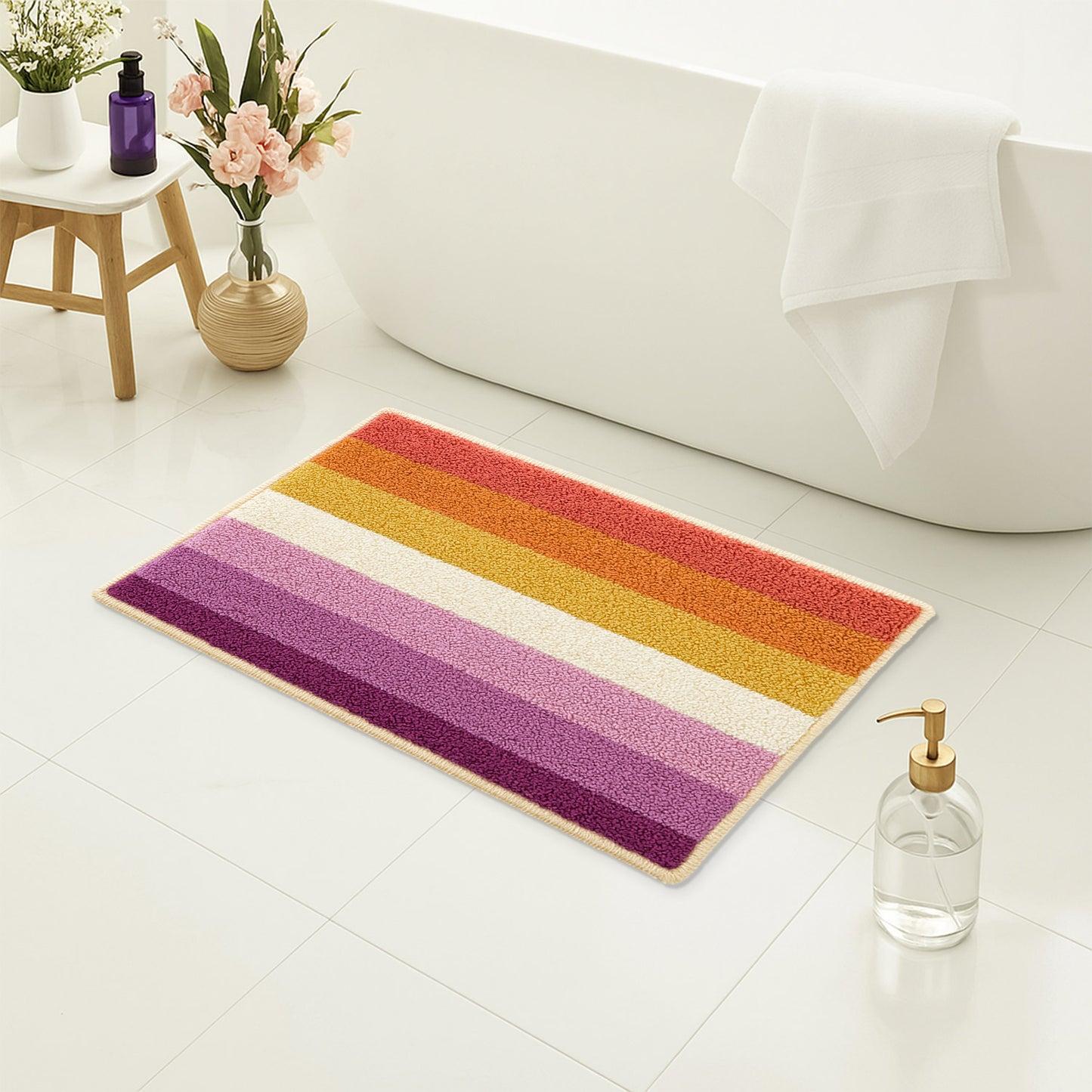 Feblilac Colorful Striped Tufted Bath Mat – Soft Absorbent Non-Slip Bathroom Rug