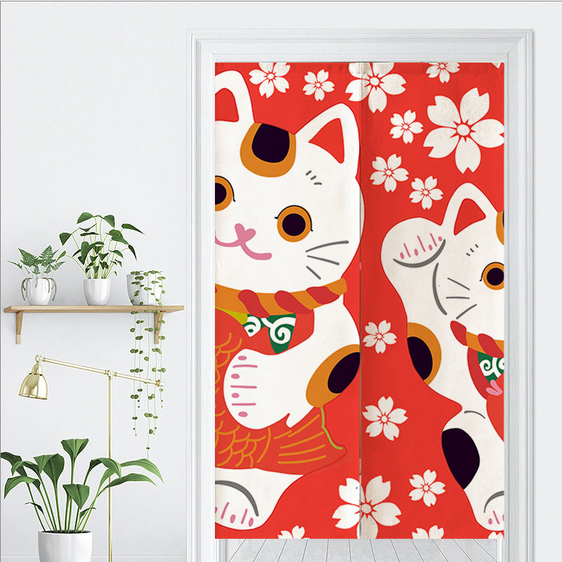 Feblilac Red Background White Sakura Lucky Cat Door Curtain