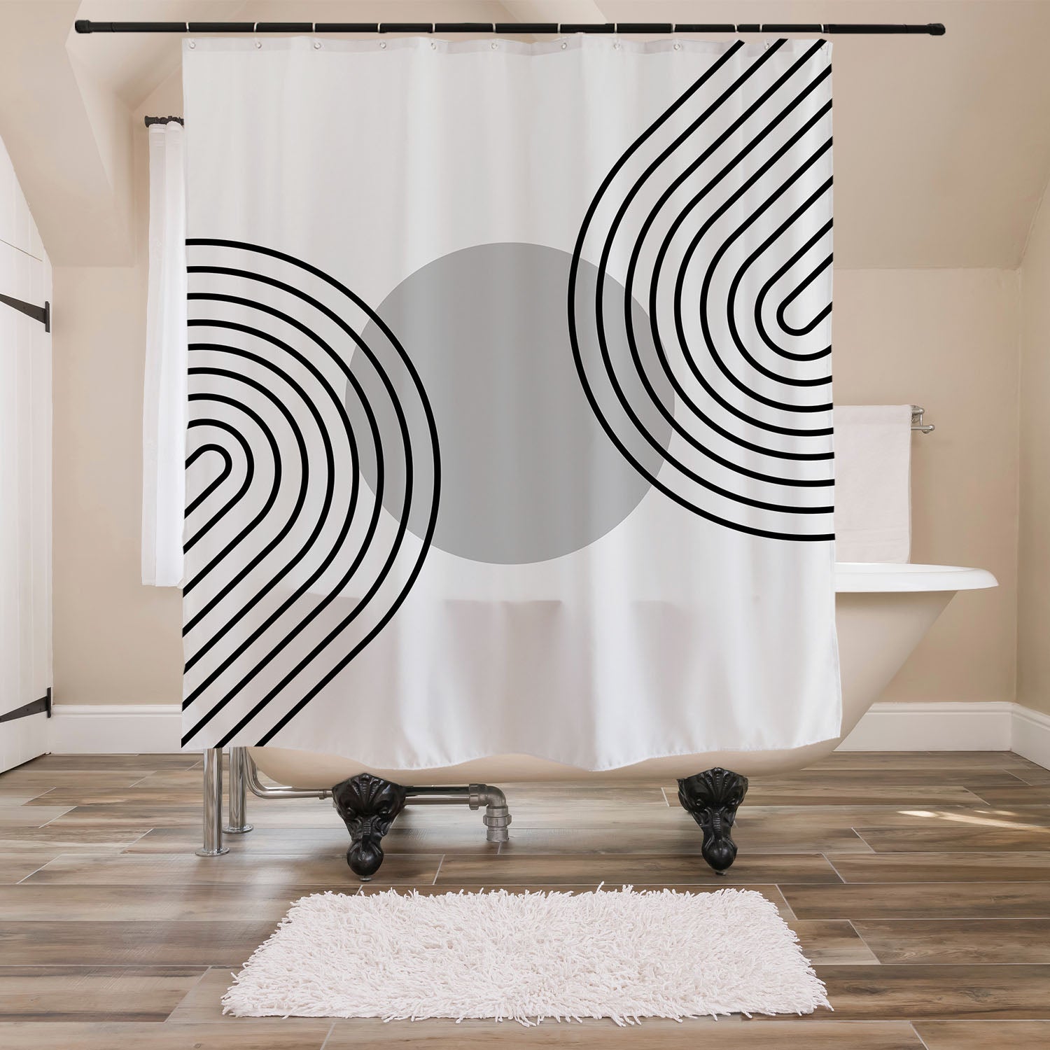 Feblilac Black and White Line Shower Curtain with Hooks