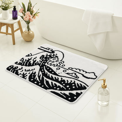 Feblilac Black and White Great Wave Bathroom Rug, Japanese Style Bathmat