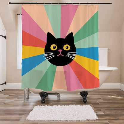 Feblilac Black Cat Colorful Stripes Background Shower Curtain with Hooks