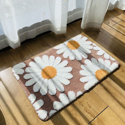 Feblilac Brown Daisy Bath Mat Set, Flower Floral Bathroom Rug Set, Toilet Cover Mat - view 3