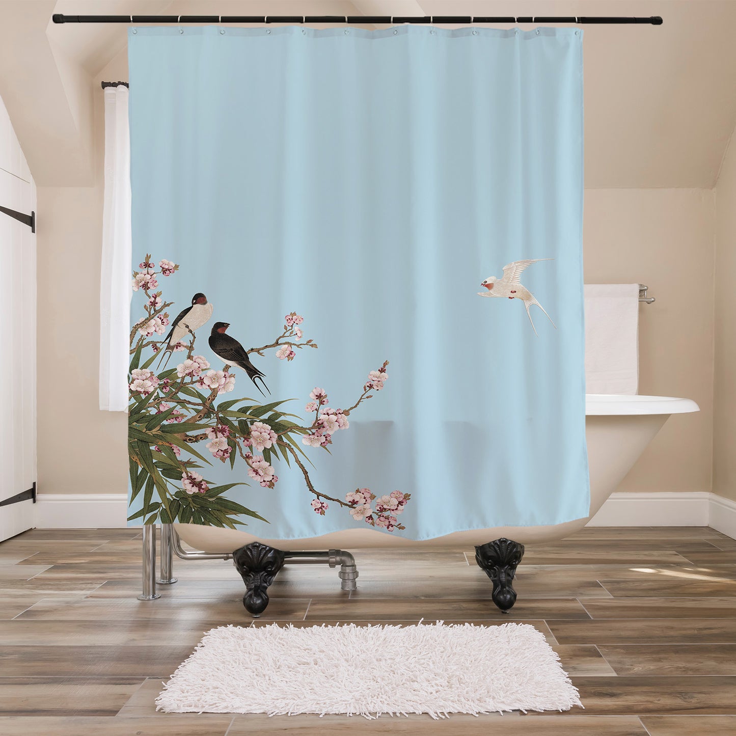 Feblilac Blue Bird Flower Shower Curtain with Hooks