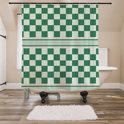 Feblilac Green Checkerboard Pattern Shower Curtain with Hooks