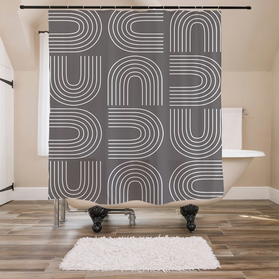 Feblilac Grey U Shaped Pattern Shower Curtain with Hooks - view 3