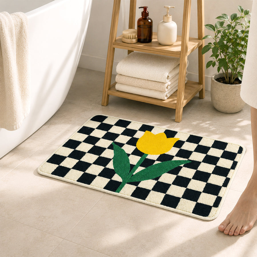 Feblilac Checkered Tulip Tufted Bath Mat | Soft Floral Bathroom Rug - view 4