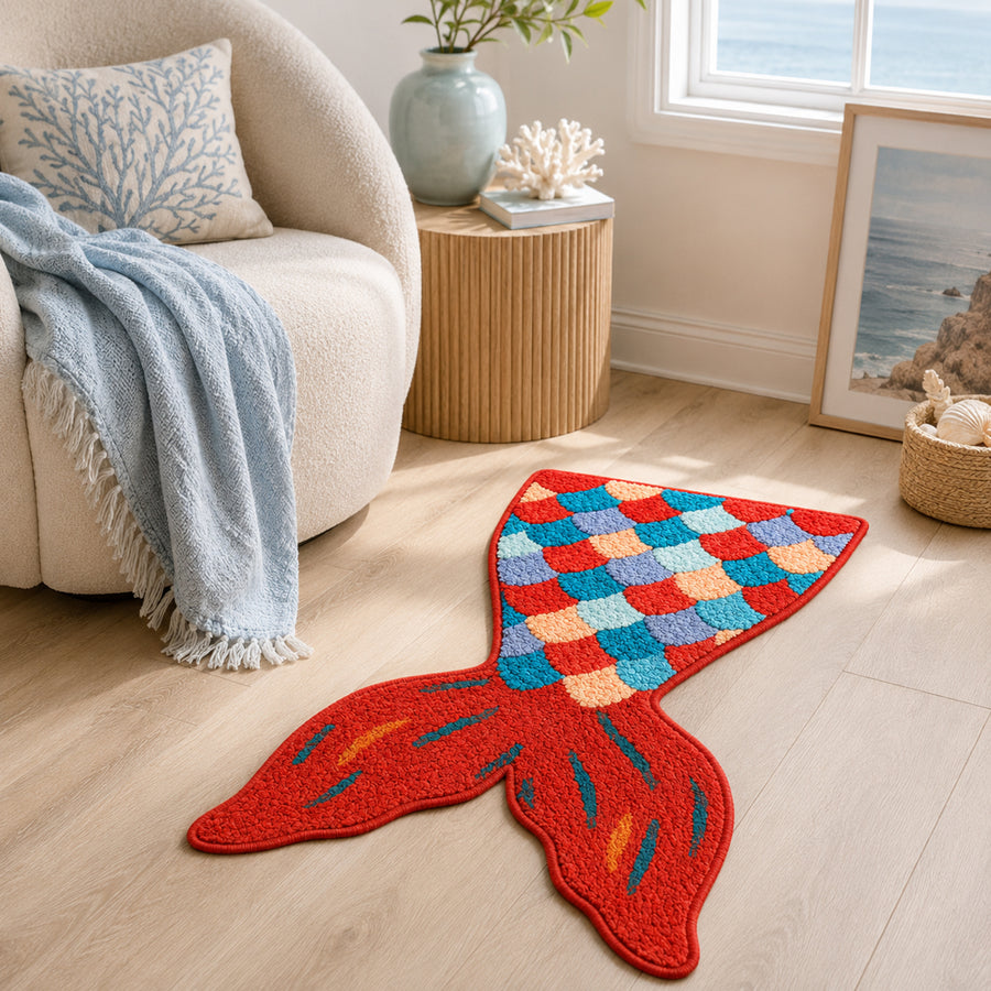 Feblilac Red Mermaid Tail tufted bath mat on a wood floor next to a soaking tub