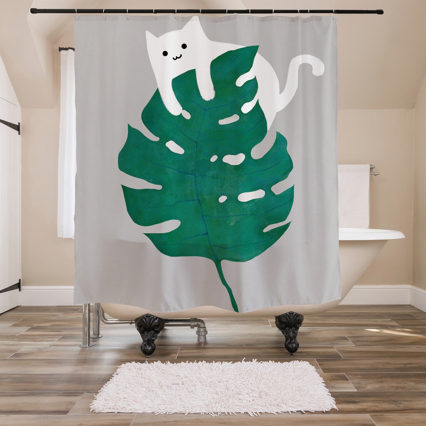 Feblilac Cat and Monstera Shower Curtain with Hooks