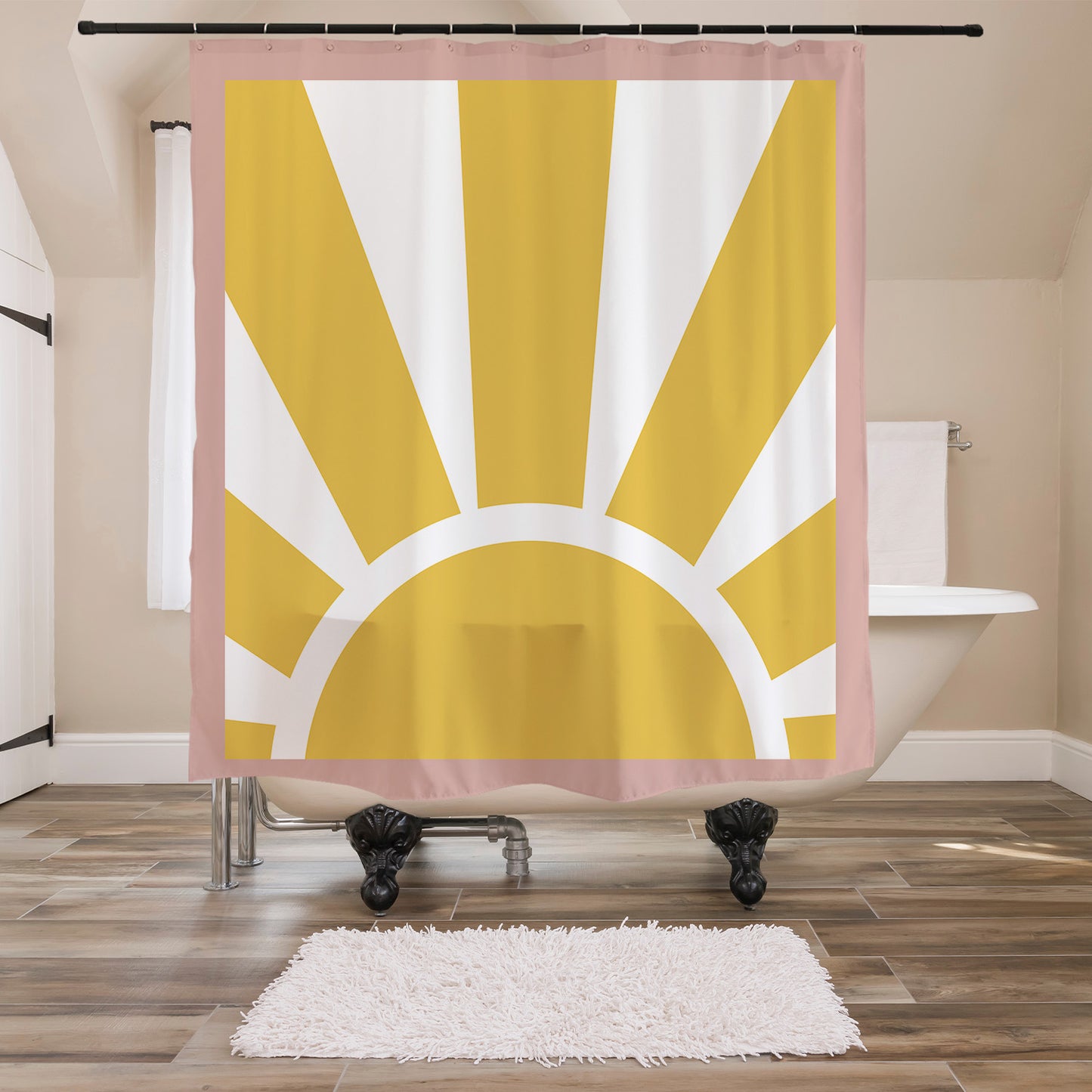 Feblilac Gold Sunrise Shower Curtain with Hooks, Yellow Sunshine Curtain for Bathroom