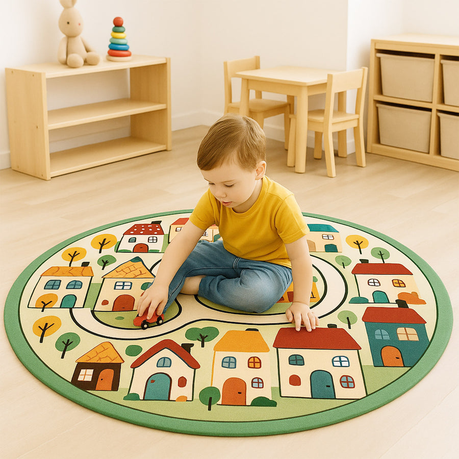 Feblilac Round Kids Play Rug – Thick Carpet with Colorful Village Design - view 2