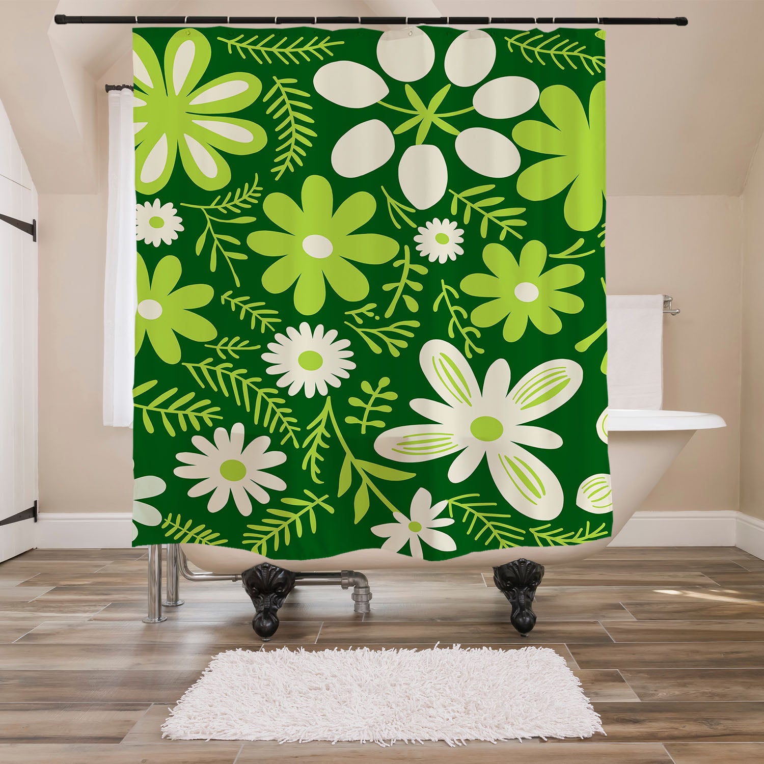 Feblilac Green Flowers Shower Curtain with Hooks