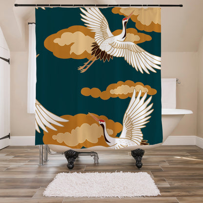 Feblilac Blue Background Crane Shower Curtain with Hooks