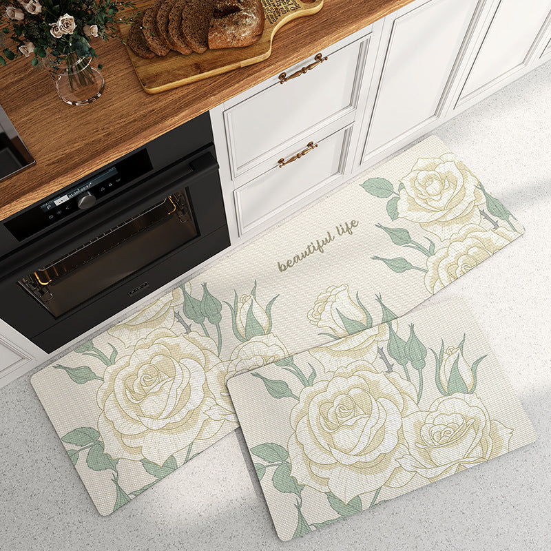 Feblilac Flowers Damask Rose PVC Leather Kitchen Mat