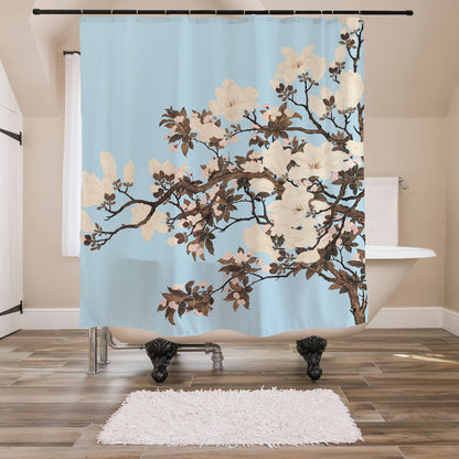 Feblilac Blue Background White Flowers Tree Shower Curtain with Hooks