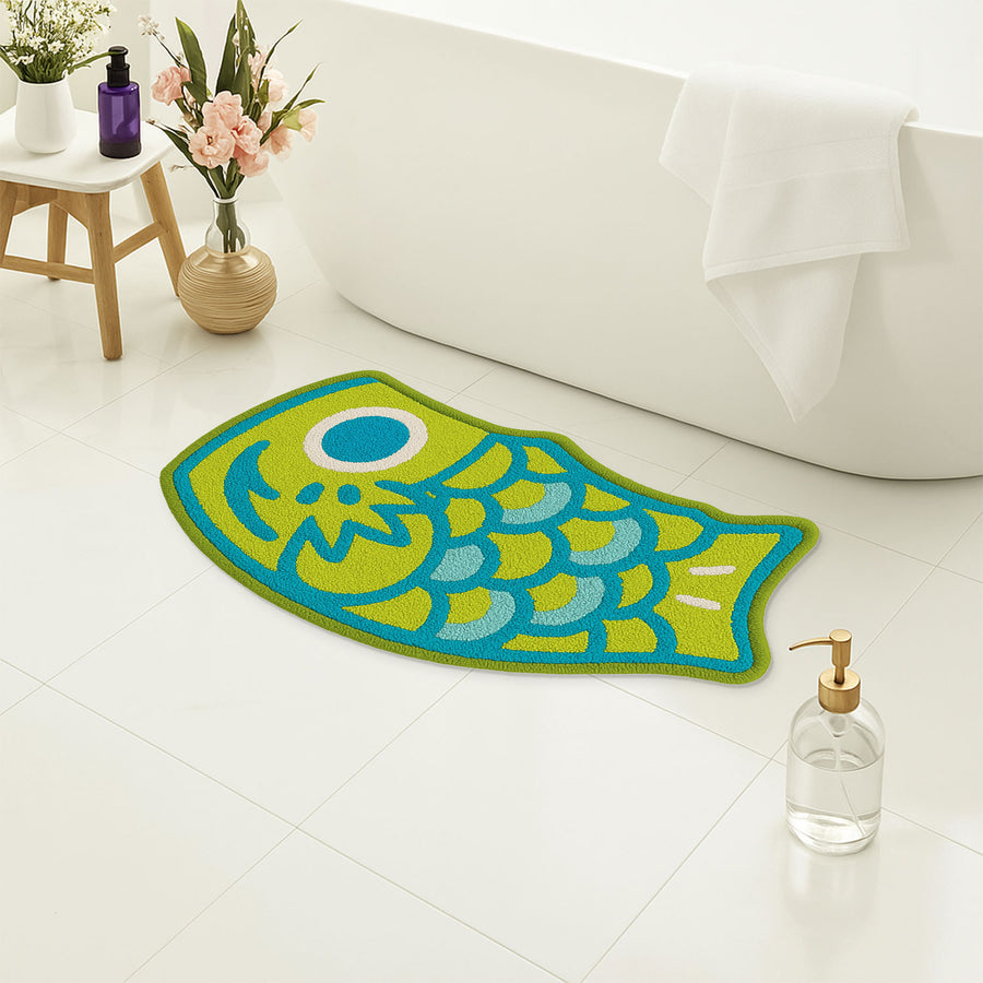 Feblilac Teal Japanese Koi Tufted Bath Mat, Green Blue Bathroom Rug - view 4